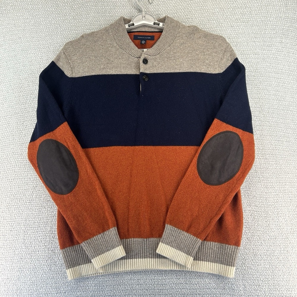 Tommy‎ Hilfiger Lambswool Sweater Mens XL Colorblock Elbow Patch Preppy Y2K Knit